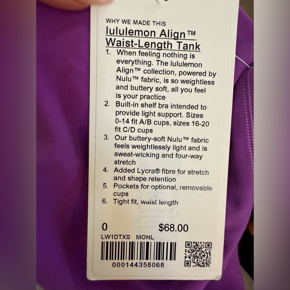 NWT Lululemon Align™ Waist-Length Tank – Moonlit Magenta– Size 0 - Picture 8 of 9